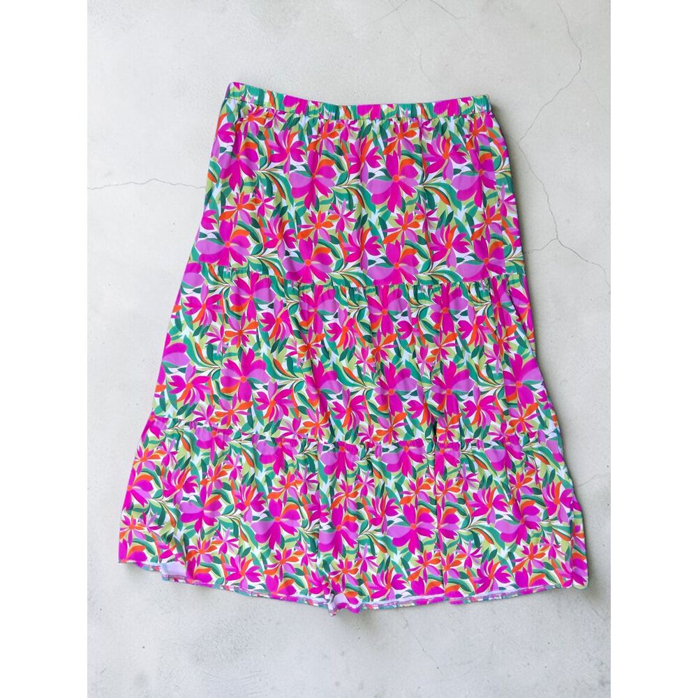 Plus Size 3X Vibrant Pink & Orange Floral Tiered Maxi Skirt – Boho Summer